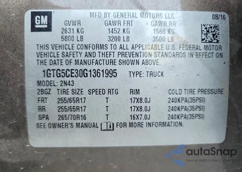2016 GMC Canyon Sle from USA, damaged, VIN 1GTG5CE30G1361995